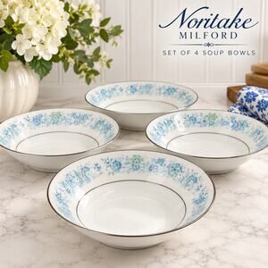 Noritake Milford 2227 Soup Bowls Set of 4 Blue White Cottagecore Vintage